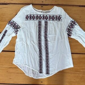 Lucky Brand White Blouse with Black and Red Embroidery